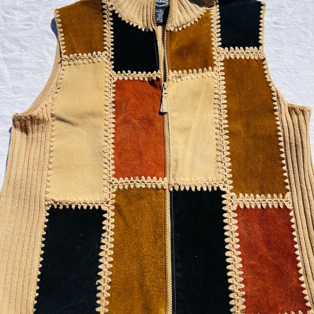 Designers Studio Originals Leather Patchwork Zip Vest XL Boho 90s